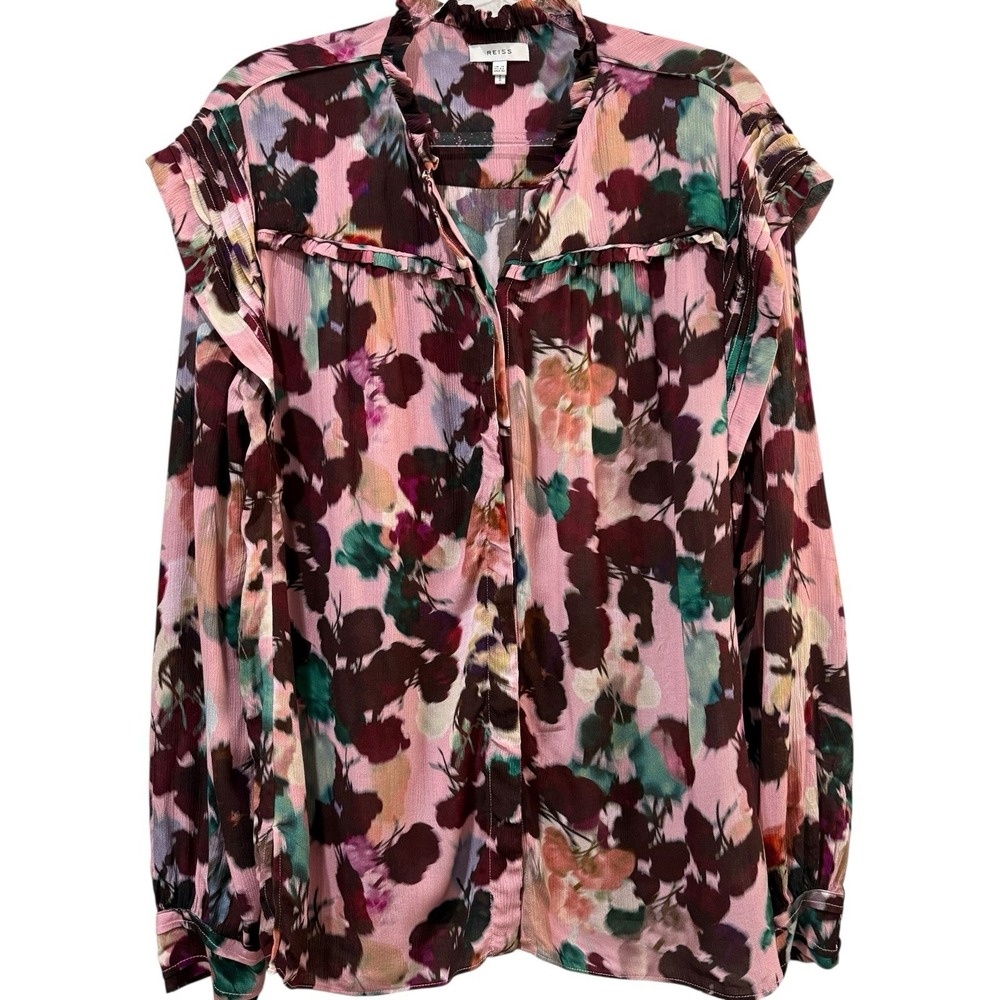 Reiss Floral Ruffle Yoke Print Blouse Top Shirt Ruffles Long Sleeve Sz 14 $335